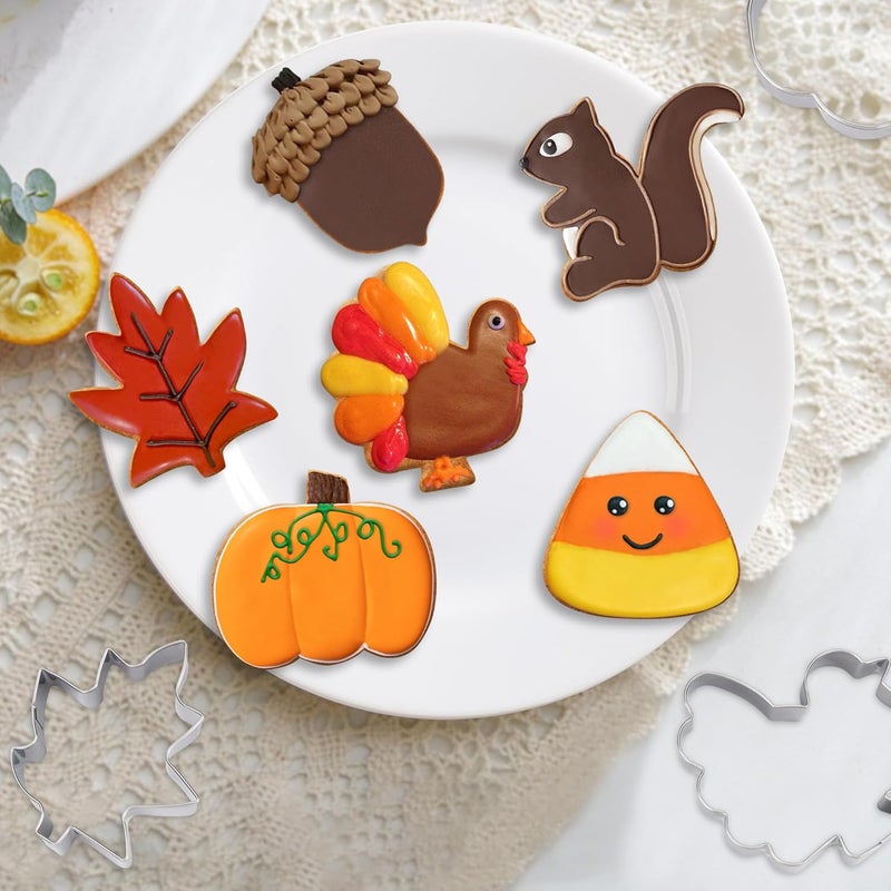 FUSOTO 6PCS Thanksgiving Cookie Cutters Set, Holiday Cookie Cutter Thanksgiving Shapes for Baking-Turkey, Pumpkin, Candy Corn, Pine Cones, Squirrel, Maple, Fall Cookie Cutters for Homemaking Cookie - Image 2